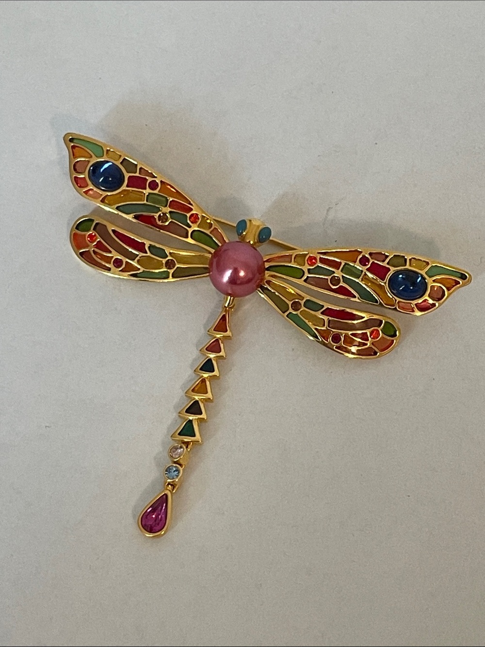 Vintage Joan Rivers Dragonfly Brooch Stained Glass Cabochons Enamel Rhinestones